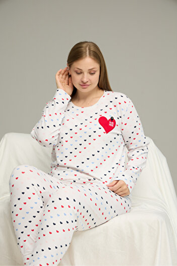 Siyah İnci Set de pijamale din bumbac cu model alb Curve Plus Size Oversize25240771