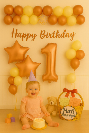 parti hediye sepeti Rose Gold 1 Year Birthday Balloon Set |   Star Foil & Happy Birthday Ornaments