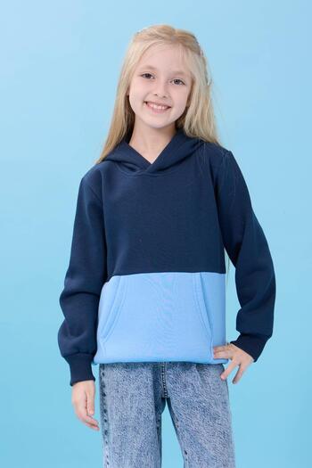 Perendi Unisex Hooded Kangaroo Pocket Color Block Hooded Winter Sweatshirt - Navy Blue/Baby Blue