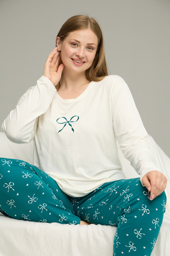 Siyah İnci Ecru Patterned Curve Large Size Oversized Oversized Cotton Pajamas Suit25240862