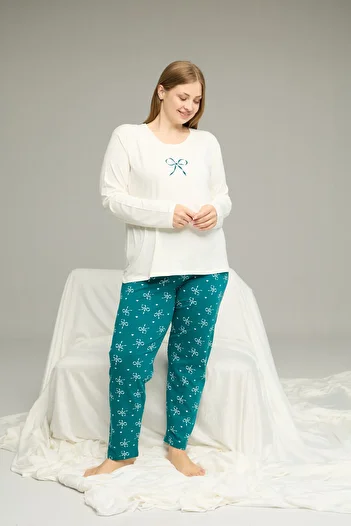 Siyah İnci Ecru Patterned Curve Large Size Oversized Oversized Cotton Pajamas Suit25240862