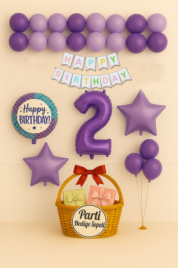 parti hediye sepeti Lilac 1 Year Birthday Set |   Purple Star Happy Birthday Balloon Decoration