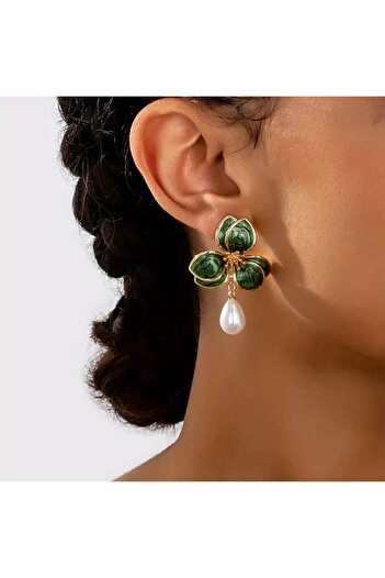HOBİSY GIFT SHOP Elegant Green Flower and Pearl Dangle Earrings – Gold Color Plated |   Stylish & Modern Design