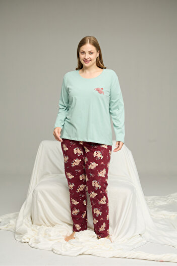 Siyah İnci Green Pattern Curve Large Size Battal Size Cotton Pajamas Suit25240781