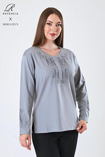 Ravencia Women's Middle Age and Above Viscose Drop Leaf Pattern Stoned Embroidered Lycra Gray Mother Combed Cotton Blouse