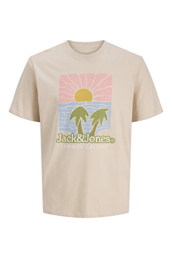 Jack & Jones J&J Jjdown Men's Logo Printed T-Shirt Ecru Beige A3333