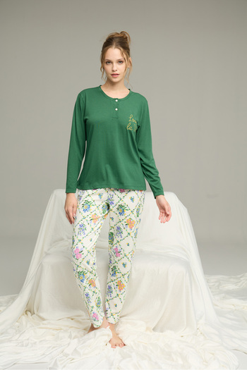 Siyah İnci Green Pattern Knitted Cotton Pajamas Suit25240255