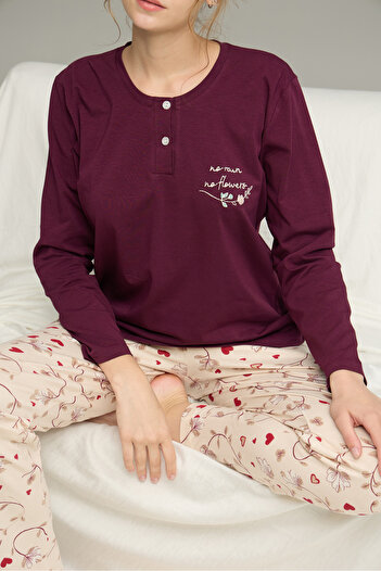 Siyah İnci Plum Pattern Button Knitted Cotton Pajamas Suit25240201
