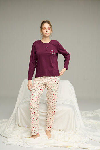 Siyah İnci Plum Pattern Button Knitted Cotton Pajamas Suit25240201