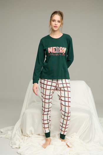 Siyah İnci Green Plaid Knitted Cotton Pajamas Suit25240237