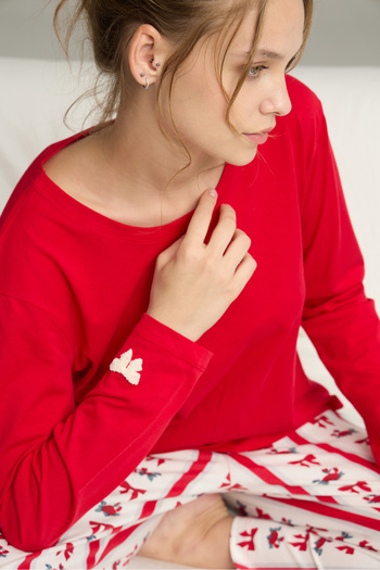 Siyah İnci Red Ribbon Pattern Knitted Cotton Pajamas Suit25240225
