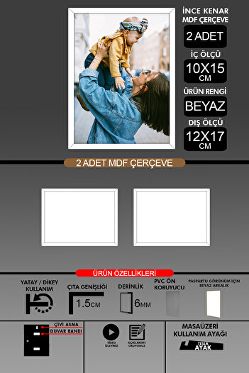 Bytwo 2 Pieces 10X15 Frame - Thin Slatted Frame - White Frame - 6mm Frame - Photo Frame
