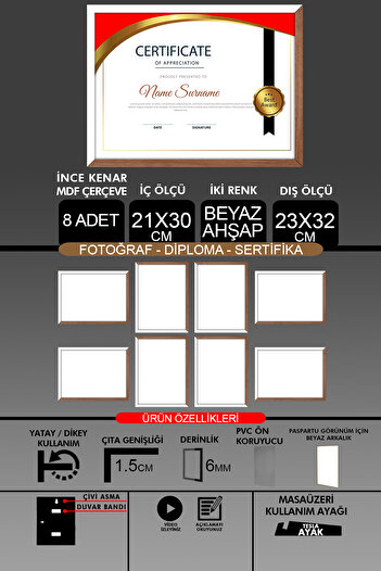 Bytwo 8 Pieces 21X30 Frame - Fine Slatted A4 Frame - 2 Colors White Wood - Photo Certificate Frame