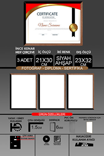 Bytwo 3 Pieces 21X30 Frame - Thin Slatted A4 Frame - 2 Colors Wood Black - Photo Certificate Frame