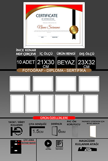 Bytwo 10 Pieces 21X30 Frame - Fine Slatted A4 Frame - White Frame - Photo Certificate Frame