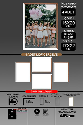 bymat 4 Pieces 15X21 Frame - Thin Slatted A5 Frame - 2 Colors White Wood - 6mm Photo Frame