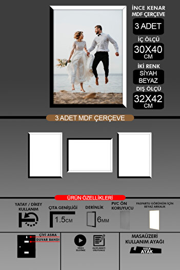 bymat 3Pcs 30X40 Frame - Thin Slatted A3 Frame - 2 Colors Black White - 6mm Photo Frame