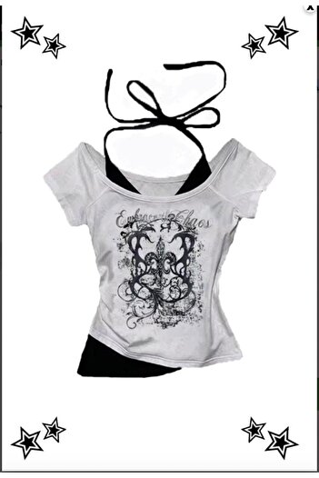 Minga London White Gothic Embrace Madonna Collar Y2K Short Sleeve Crop with Additional Strap -Ghostella
