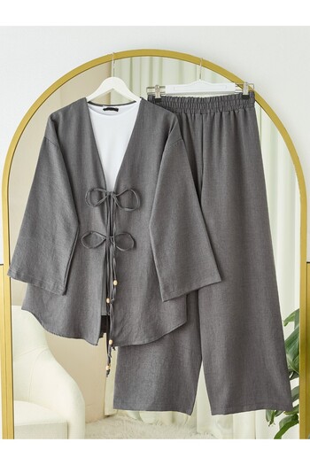 Modamorfo Kimono Suit with Double Tie Front Trousers - Anthracite
