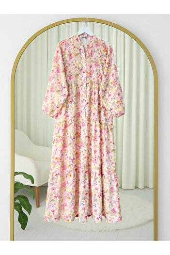 Modamorfo Half Button Sleeve Elastic Floral Patterned Dress -Powder