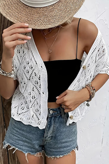 citystyle Women's Openwork Short Sleeve V Neck Casual Button Knit White Tirko Cardigan