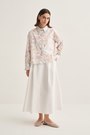 EBU Prive Kadın Poplin Oversize Kısa Gömlek Spring Desen Ekru