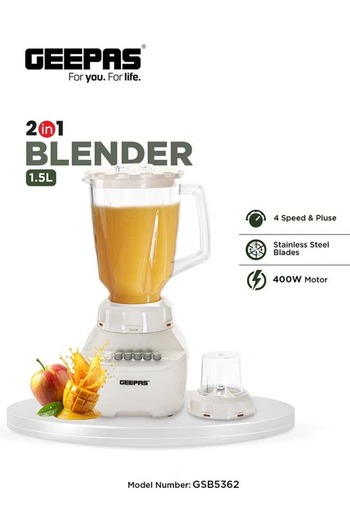 Geepas 2-in-1 Blender, 1.5L Plastic Jar, 4 Speed Control with Pulse | Over Heat Protection