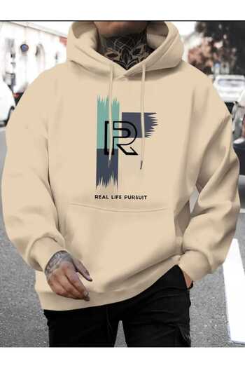 caddekombin Real Life Pursuit Printed Hooded Pocket Cotton Beige Sweatshirt