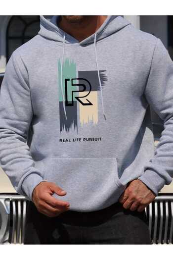 caddekombin Real Life Pursuit Printed Hooded Pocket Cotton Gray Sweatshirt