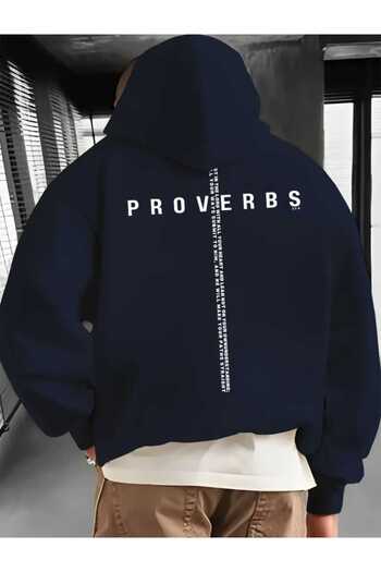 caddekombin Proverbs Back Printed Hooded Pocket Cotton Navy Blue Sweatshirt