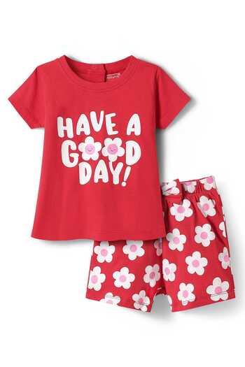 Babyhug Cotton Knit Half Sleeves Shorts Night Suit with Floral Print & Bow Applique - Red
