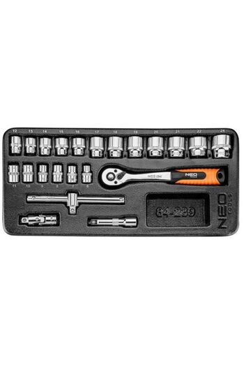 NEO Short socket set with ratchet, for mobile cabinet, 3/8&#8243;, 6-24 mm, 22 pieces, NEO