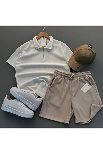 NewCabin Ribbed Ottoman Premium Fabric Half Zipper Unisex T-Shirt and Shorts Set of 2