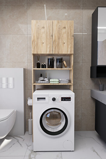 Mirobi Luka Çamaşır Makinesi Üstü Çok Amaçlı Banyo Dolabı Kapaklı ve Raflı, Depolama Alanı, Modern T