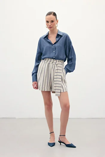 Sateen شورت كتان مخطط - أزرق داكن