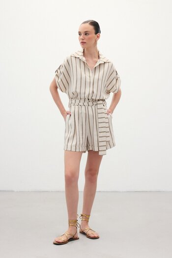 Sateen Striped Linen Shorts - Camel
