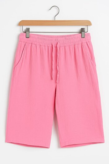 enmodaiçgiyim Pink Color Plus Size 100% Cotton Muslin Fabric Knee Length Capri Women's Shorts
