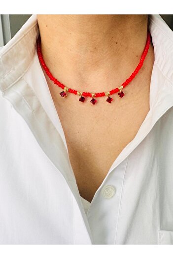 DEVİ fashion Red Natural Stone Design Necklace 43 cm