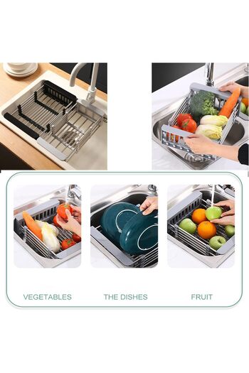 SUKILO Stainless Steel Vegetables Draining Rack, Telescopic Adjustable Drying Dish Rack for Kitchen