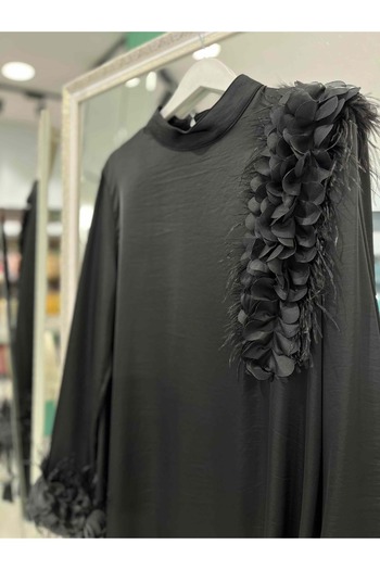 MERAM BUTİK Selinada Satin Tunic Feathered 3152 - Black - 40