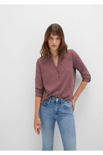 Mavi Button Detailed Striped Burgundy Women's Blouse M122400-88614