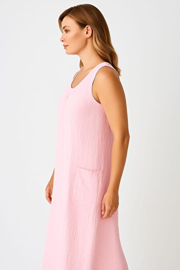 enmodaiçgiyim Light Pink 100% Cotton Muslin Fabric Long Pocket Women's Dress – Summer Comfortable and Stylish Model