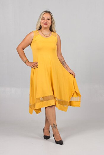Truva XXL Shoulder Mesh Detailed Waist Flared Dress – Mesh Hem, Plus Size Stylish Dress
