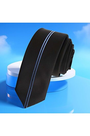 Exve Exclusive Double Blue Stripes in the Middle of Black Custom Cut Slim Fashion Slim Tie