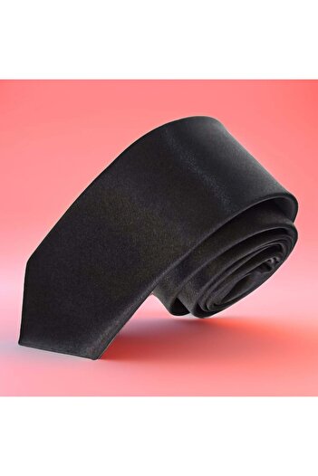 Exve Exclusive Black Plain Satin Woven Thin Fashion Slim Tie