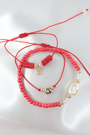 KEEBA 3 Tulip Pearl Evil Eye Bead Elevator Elastic Rope Bracelet. Women's String Bracelet Anklet with Beads
