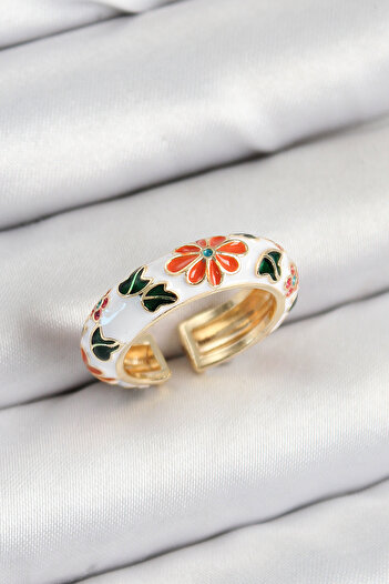 Clariss Brass White Enameled Flower Motif Gold Color Adjustable Women's Ring