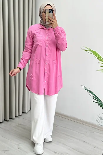 NOSHE Summer Efil Fabric Hijab Women's Shirt with Star Detail Snap Button Closure