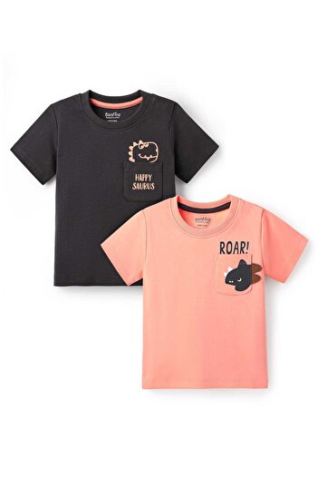 Bonfino Dinosaurs Printed T-Shirts (Pack Of 2) - Dark Grey & Peach