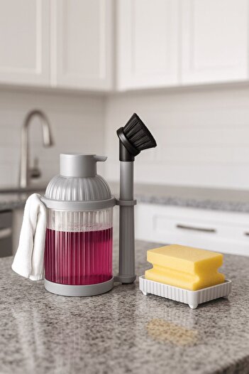 Sas Haus 4 Piece Kitchen & Bathroom Gray Cleaning Set – Liquid Soap Dispenser, Brush, Towel Holder & Sponge Holder